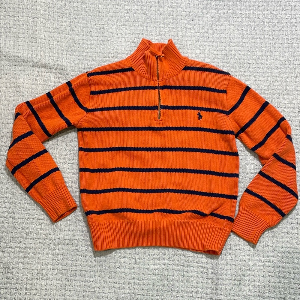 Polo Ralph Lauren Kids Small Unisex 1/4 Zip Knit Sweater Orange & Blue Striped